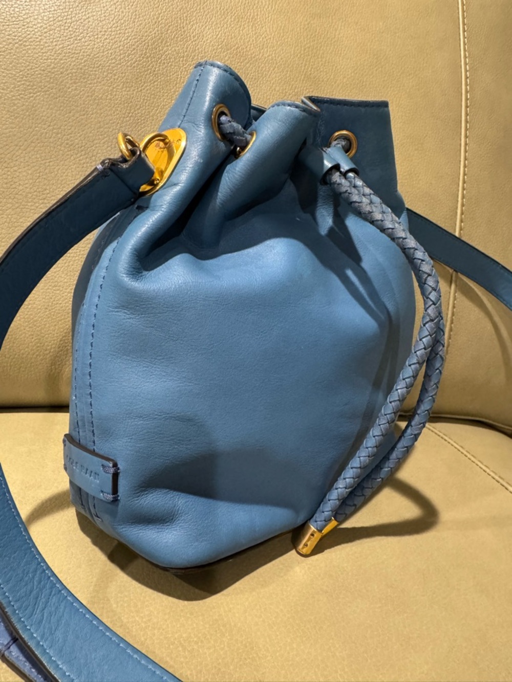 Cole Haan Soft Blue Leather Drawstring Bucket Bag with Braided Drawstrings USED